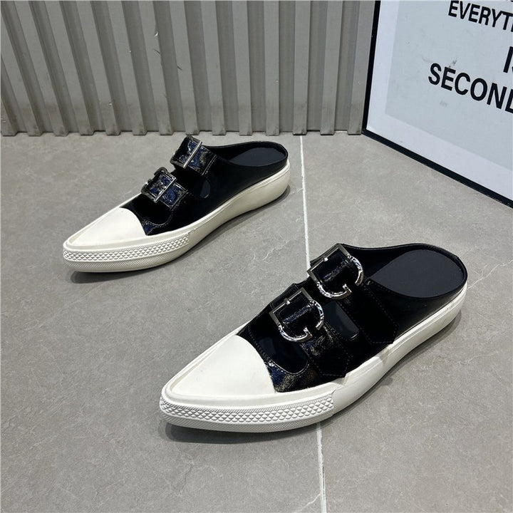 Damen Spitz zulaufende Mule‑Sneaker mit doppelten Schnallenriemen und flacher Plateausohle Drune