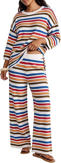 Damen Gestreiftes Lounge-Set aus leichtem Strick mit weitem Bein und 3/4-Ärmeln Drune