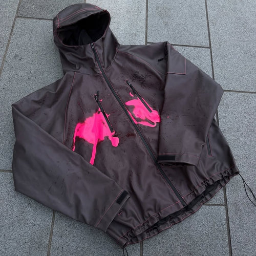 Damen nan wasserdichte Kapuzenjacke mit Spritzdruck-Design, vertikalen Reißverschlusstaschen und verstellbarem Saum Drune