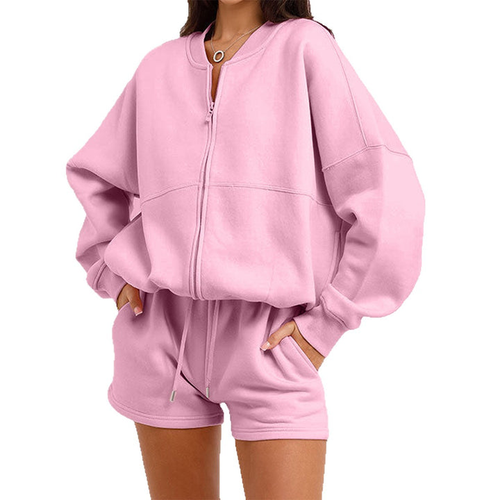 Damen nan zweiteiliges Sweat-Set mit oversized Reißverschluss-Jacke und elastischer Highwaist-Shorts Drune
