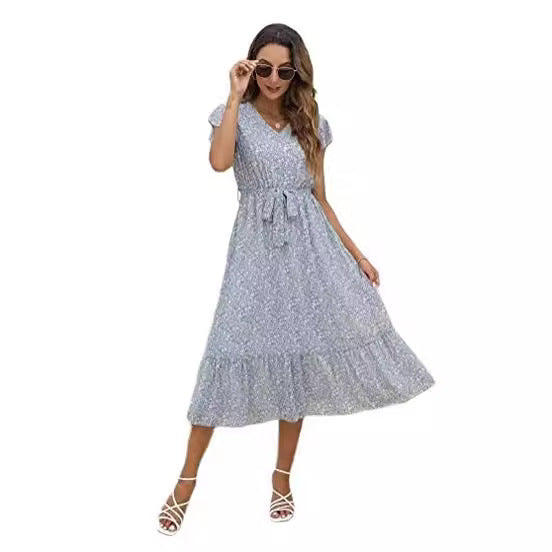 Damen Midi-Kleid mit floralem Design und Taillengürtel Drune