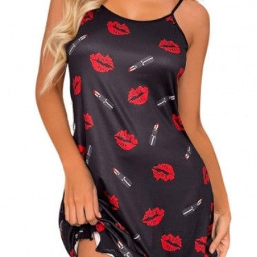 Damen Nachtkleid mit Lippen- und Lippenstift-Muster Drune