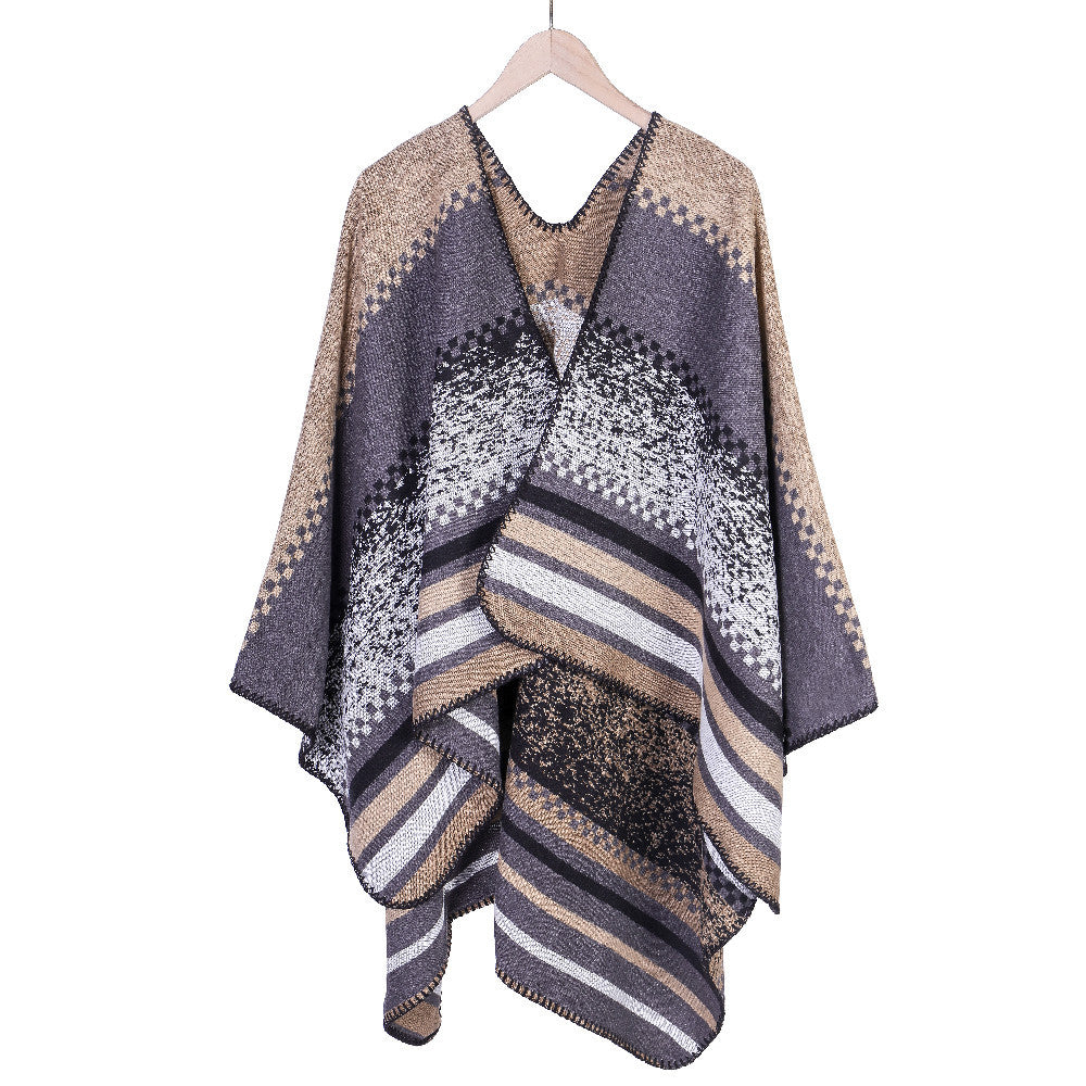 Damen Grobgestrickte Oversize-Ruana mit grafischem Blockmuster und asymmetrischem Zipfelrand Drune