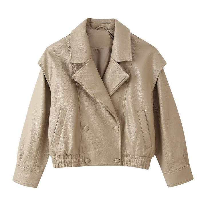 Damen Cropped Lederoptik‑Blouson mit Doppelreihe, elastischem Saum und Oversize‑Revers Drune