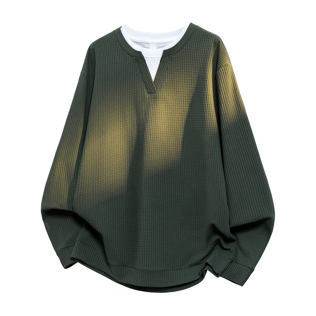 Herren Oversize Waffelstruktur-Langarmshirt mit V‑Einsatz und Layering-Optik Drune