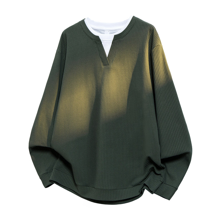 Herren Oversize Waffelstruktur-Langarmshirt mit V‑Einsatz und Layering-Optik Drune