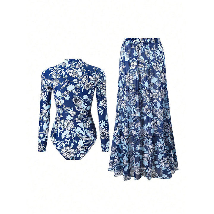 Damen eleganter Badeanzug mit langem Ärmel und schickem Überrock Drune