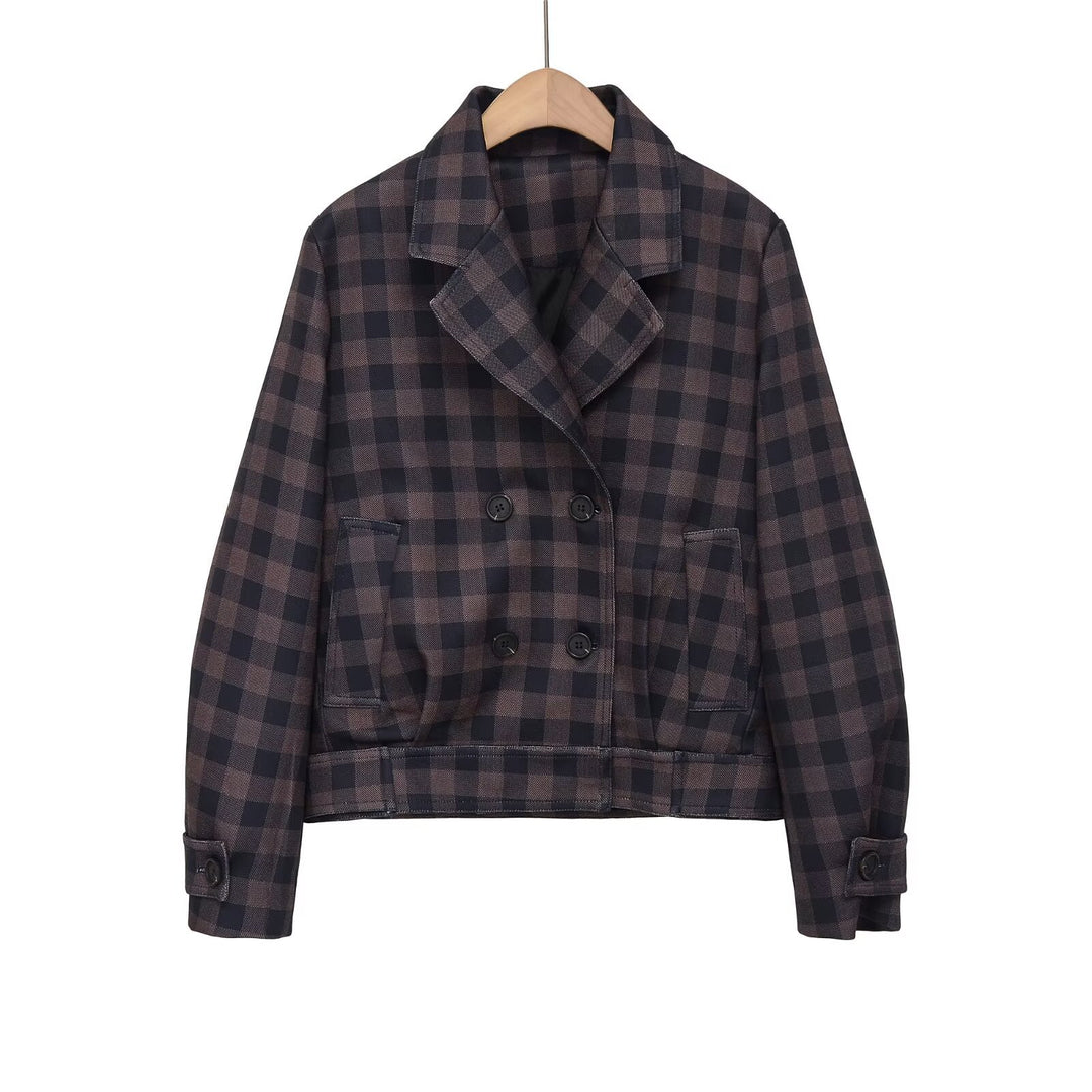 Damen Kurze Doppelreiher-Jacke im Karo-Design mit Reverskragen und Taillenbund Drune