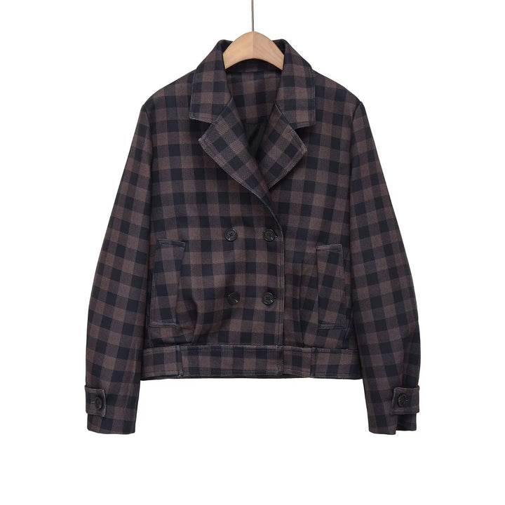 Damen Kurze Doppelreiher-Jacke im Karo-Design mit Reverskragen und Taillenbund Drune