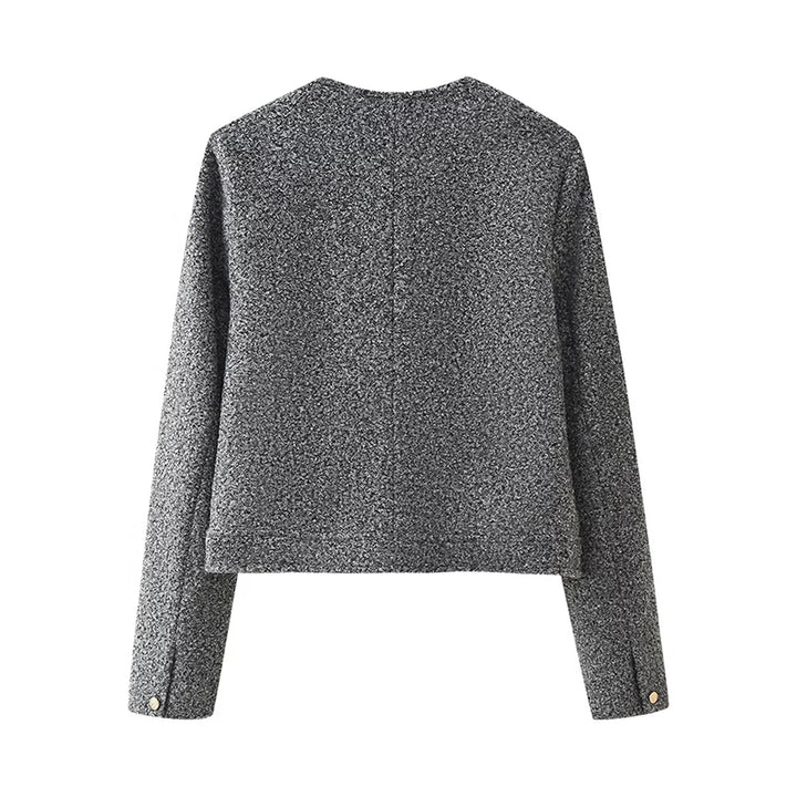 Damen nan kurz geschnittene Bouclé-Jacke mit cleanem Rundhalsausschnitt, aufgesetzten Fronttaschen und dezenten Metallknöpfen Drune
