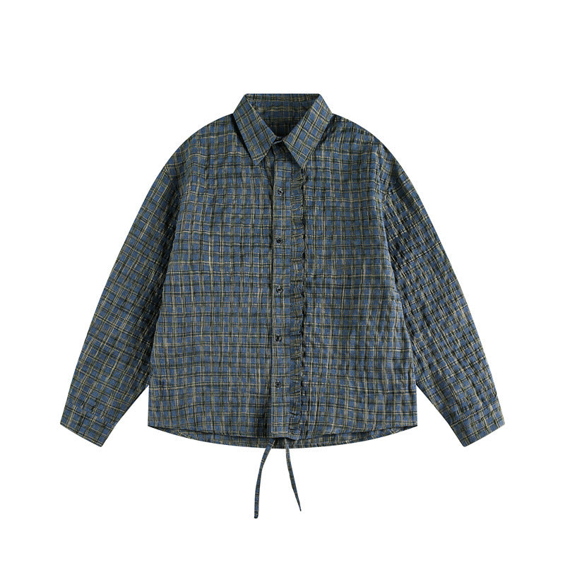 Unisex Kariertes Overshirt mit Tunnelzugsaum und verdeckter Knopfleiste Drune