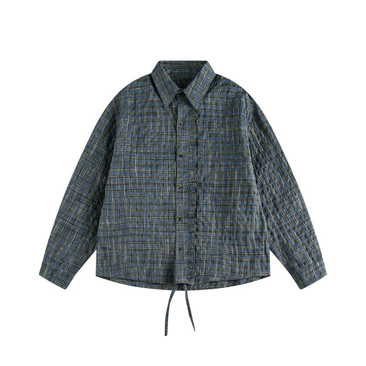 Unisex Kariertes Overshirt mit Tunnelzugsaum und verdeckter Knopfleiste Drune