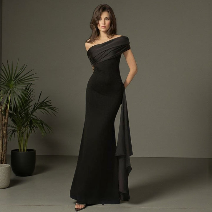 Damen Langarm Maxikleid mit asymmetrischem Schnitt und dekorativen Drapierungen Drune