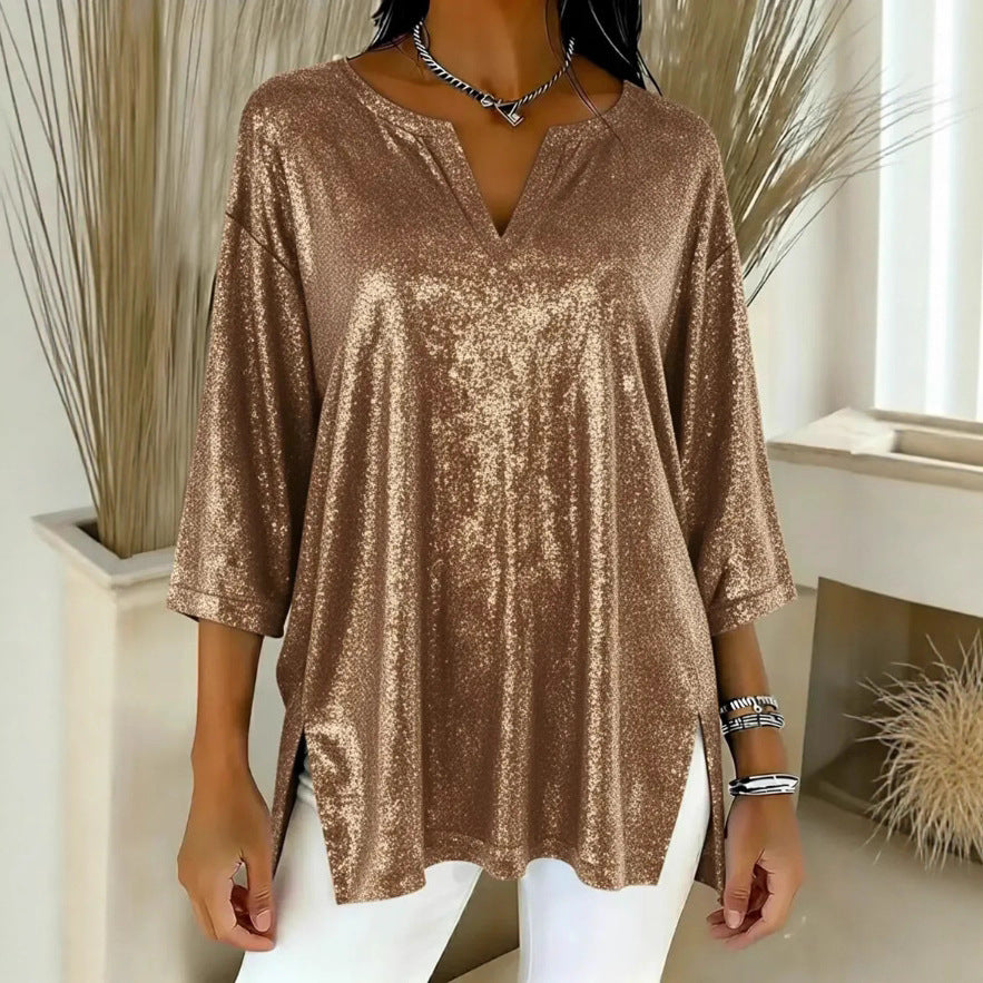 Damen Glitzerndes Oversize-Longshirt mit V-Ausschnitt und seitlichen Schlitzen Drune