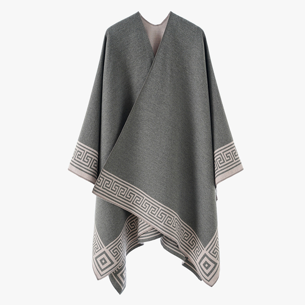 Damen Oversize-Capeponcho im Wickelstil mit Mäanderbordüre und kastiger Silhouette Drune