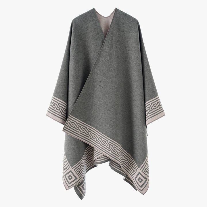 Damen Oversize-Capeponcho im Wickelstil mit Mäanderbordüre und kastiger Silhouette Drune