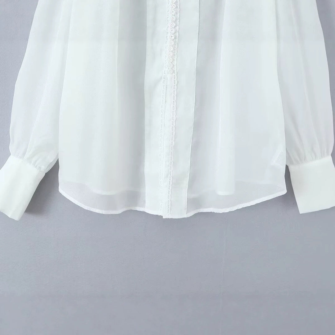 Damen Transparente Chiffon-Bluse mit Volumenärmeln, Spitzenbesatz und breiten Manschetten Drune