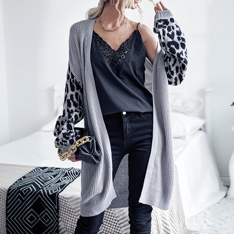Damen Langer Offener Strickcardigan mit Leopardenmusterärmeln und geripptem Saum Drune