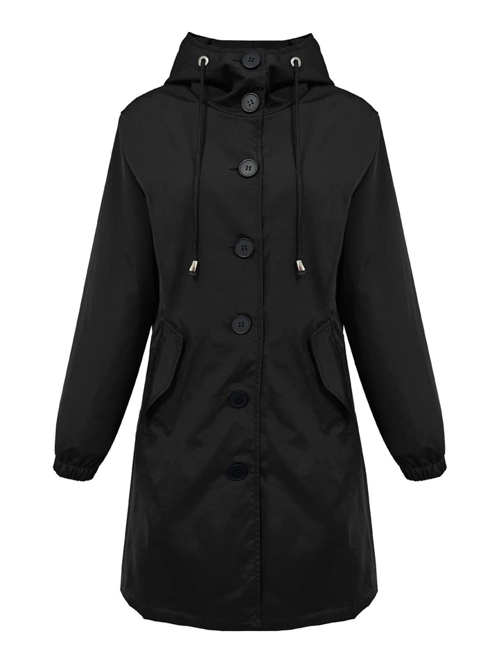 Damen nan leichter Regenparka mit Kapuze, überlanger Knopfleiste, Tunnelzug und aufgesetzten Taschen Drune