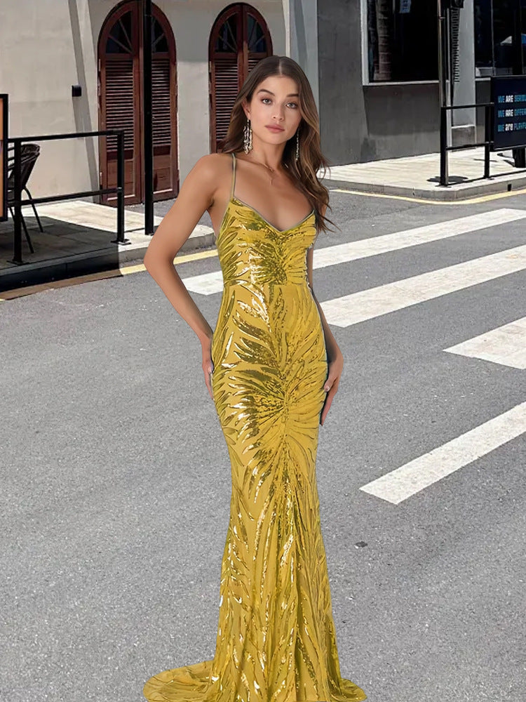Damen Glamouröses Abendkleid mit funkelndem Paillettenmuster und V-Ausschnitt Drune