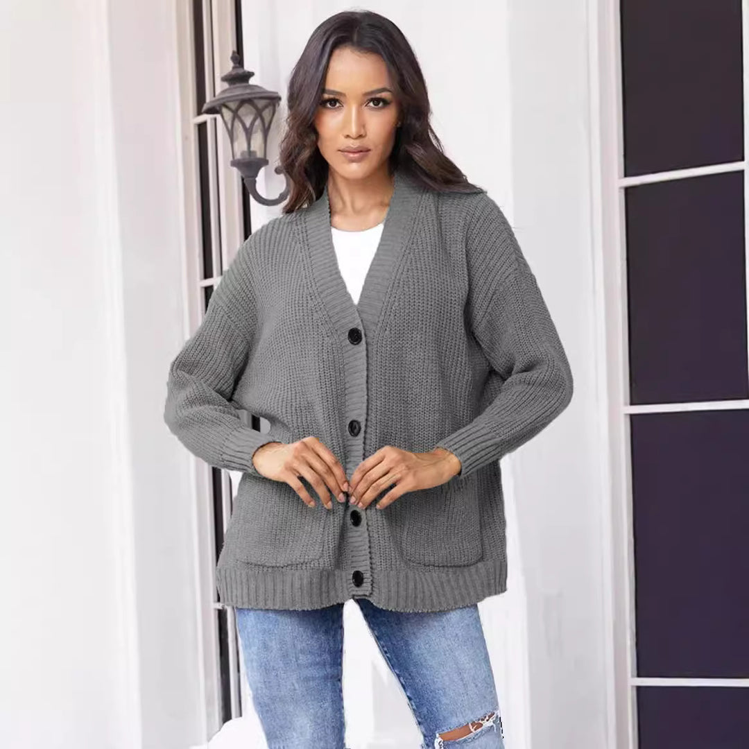 Damen modische Strickjacke mit durchgehendem Knopfverschluss und großen Taschen Drune
