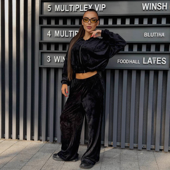 Damen lässiger Sportanzug mit cropped Jacke und weiten Hosen Drune