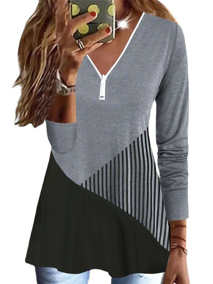 Damen Langärmeliges V-Ausschnitt Zip-Tunikaoberteil mit asymmetrischem Streifen‑Colorblock Drune