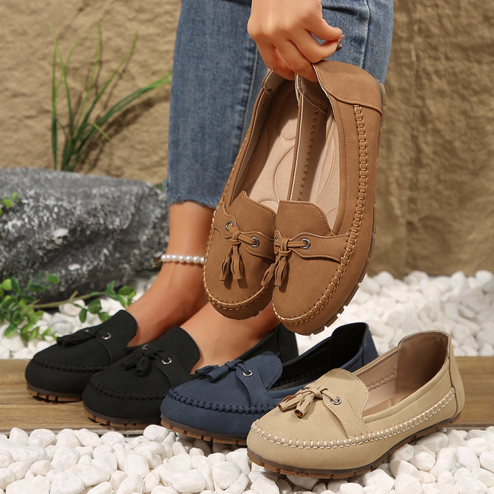 Damen nan klassische Mokassin-Loafer mit Quasten, Handnahtdetail und profilierter Gummisohle Drune