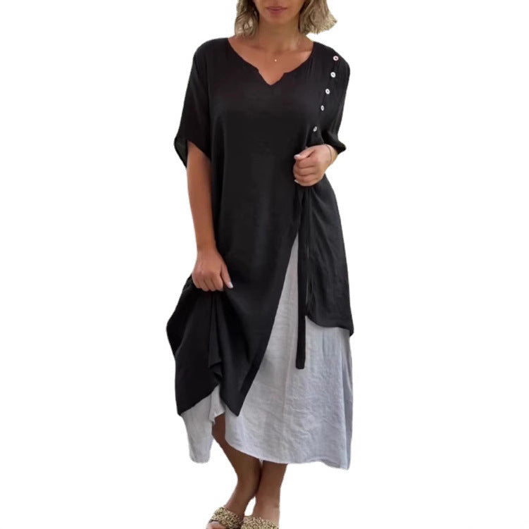 Damen nan zweilagiges Hemdkleid mit asymmetrischem Lagenrock, seitlicher Zierknopfleiste und Tunnelzug Drune
