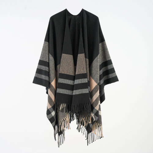 Damen Oversize-Überwurfponcho aus Wollmix mit grafischem Streifenmuster und Fransensaum Drune
