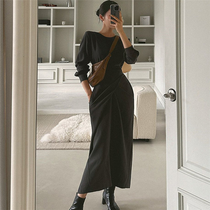 Damen Modernes Longkleid mit überlappender Taillenpasse, verdeckten Eingrifftaschen und kastiger Silhouette Drune