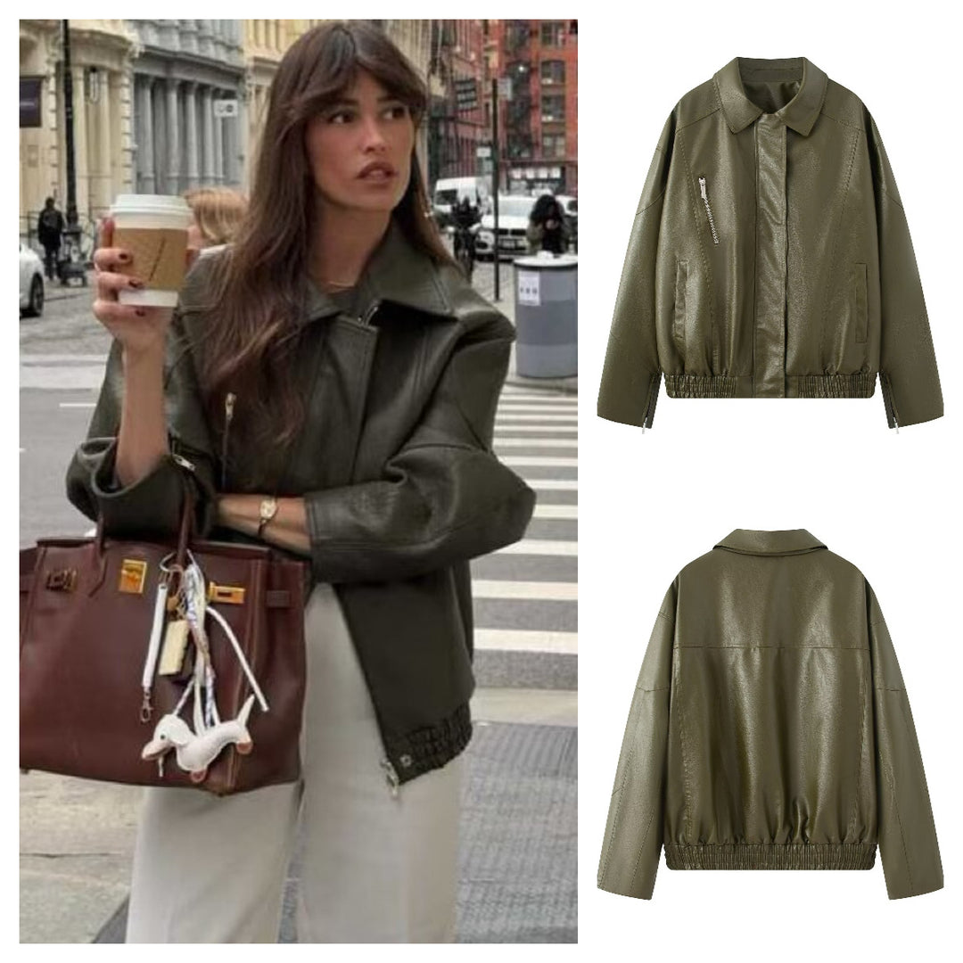 Damen Stilvolle Kunstlederjacke mit elastischem Bund Drune