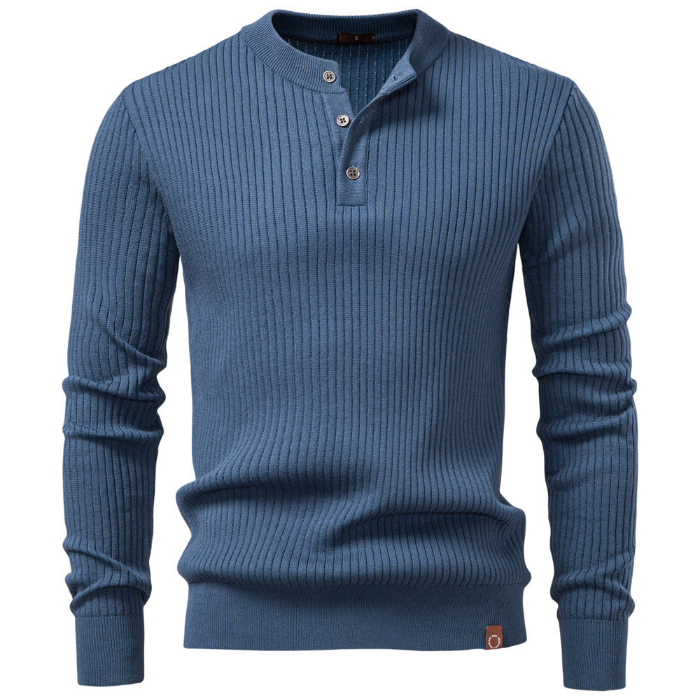 Herren nan gerippter Langarm-Henleypullover mit Stehkragen, feinem Rippstrick und schmaler Passform Drune