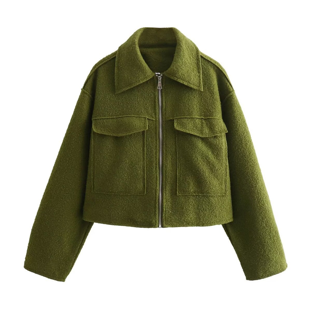 Damen Boxy-Cropped-Jacke aus Bouclé‑Wollmix mit Hemdkragen und aufgesetzten Pattentaschen Drune