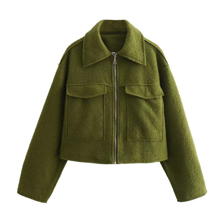 Damen Boxy-Cropped-Jacke aus Bouclé‑Wollmix mit Hemdkragen und aufgesetzten Pattentaschen Drune
