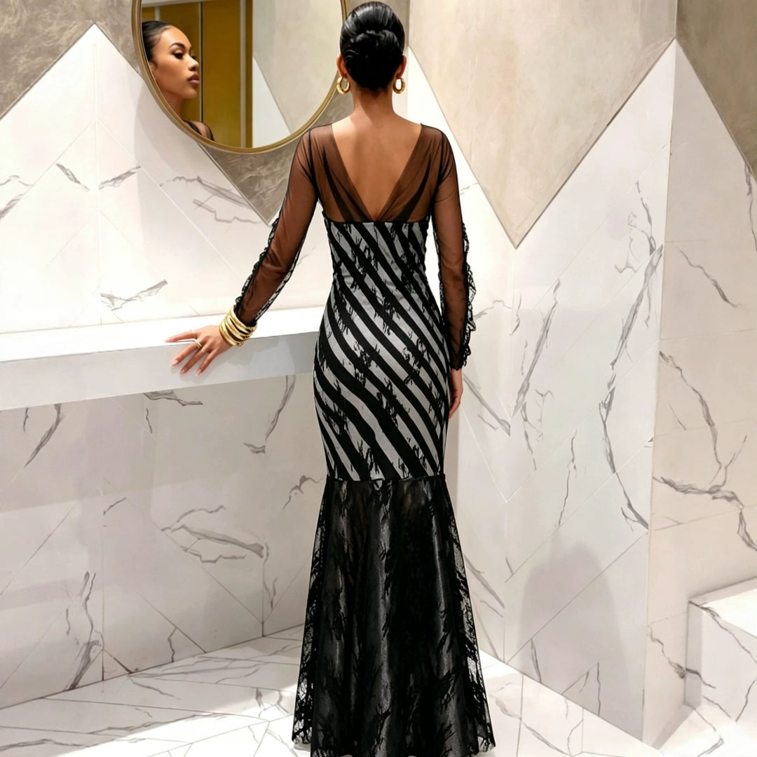 Damen Abendkleid Meerjungfrau‑Schnitt mit transparenten Ärmeln und Spitzenbesatz Drune