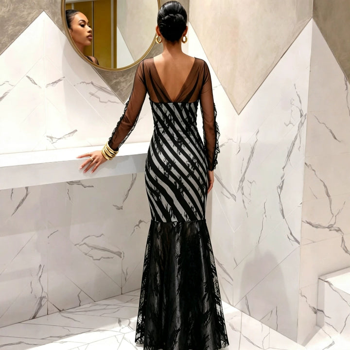 Damen Abendkleid Meerjungfrau‑Schnitt mit transparenten Ärmeln und Spitzenbesatz Drune