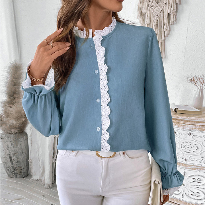 Damen Elegante Bluse mit Spitzenkragen und Rüschendetails Drune