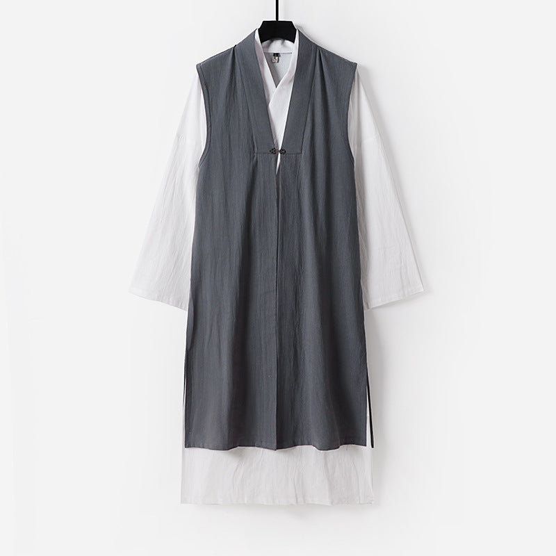 Damen Langer ärmelloser Kimono-Weste mit minimalistischer Linienführung und dekorativem Knebelverschluss Drune