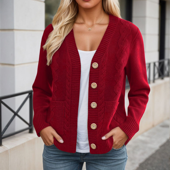 Damen nan längerer Strickcardigan mit Kabelstruktur, V-Ausschnitt und Holzknopfleiste Drune