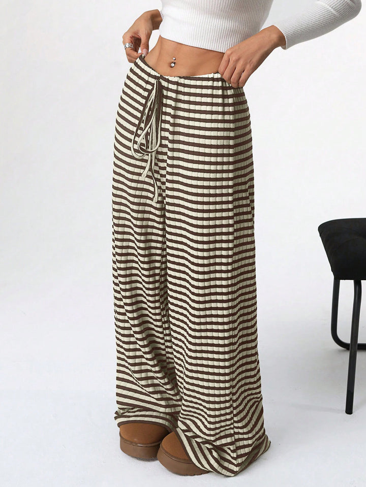 Damen Loungewear-Hose mit weitem Bein, geripptem Feinstrick und Kordelzug Drune