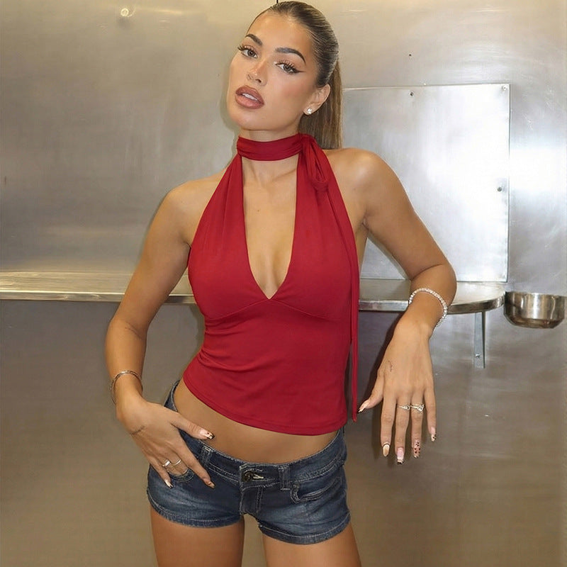 Damen Haltertop mit tiefem V-Ausschnitt und Schleifendetail Drune