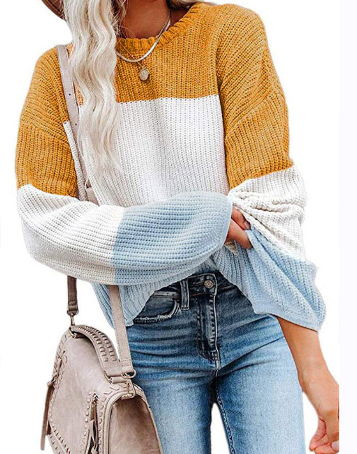 Damen Oversize Colorblock Strickpullover mit Ballonärmeln Drune