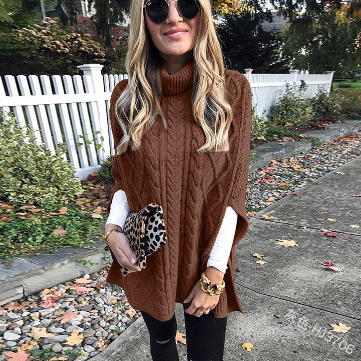 Damen nan kastiger Strickponcho mit hohem Rollkragen, Zopfstruktur und seitlichen Schlitzen Drune