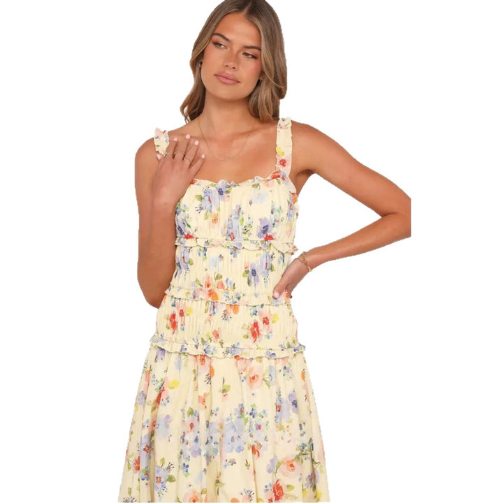Damen nan luftig-leichte Stufenmidikleid mit gerafftem Oberteil und Rüschen-Trägern Drune