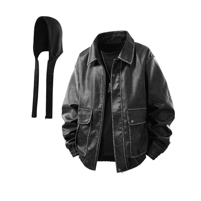 Herren Oversized Faux‑Leather Bomberjacke mit abnehmbarer Kapuze und Utility‑Taschen Drune