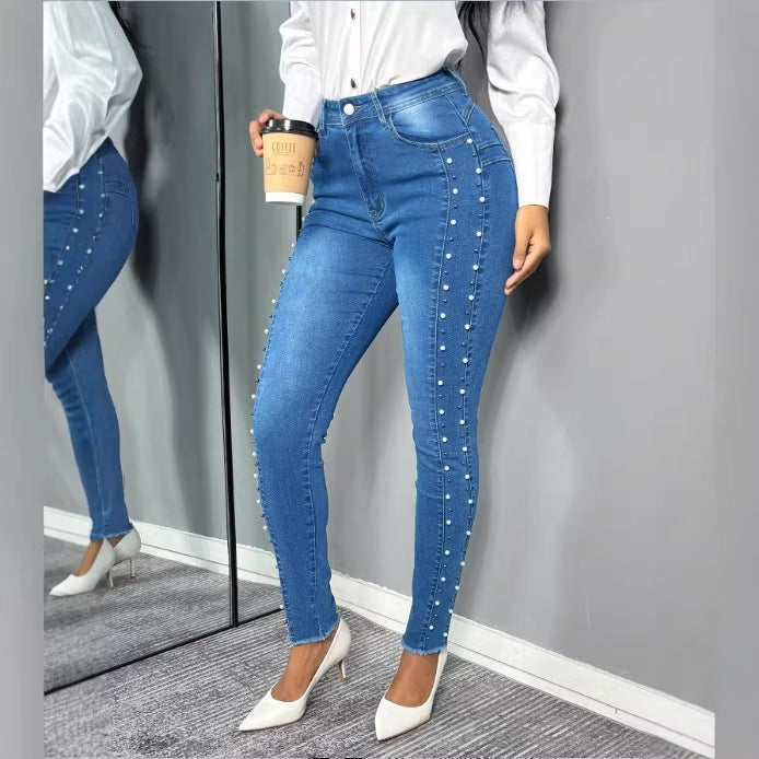 Damen Figurformende hochtaillierte Skinny-Jeans mit seitlicher Perlenzier Drune