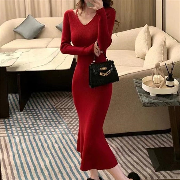 Damen elegantes Strickkleid mit V-Ausschnitt und schwingendem Rock Drune