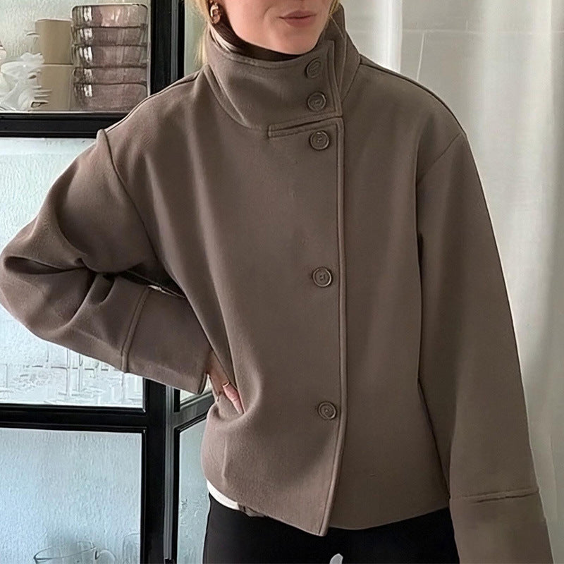 Damen Modische Oversized Jacke mit hochschließendem Kragen und Knopfdetails Drune