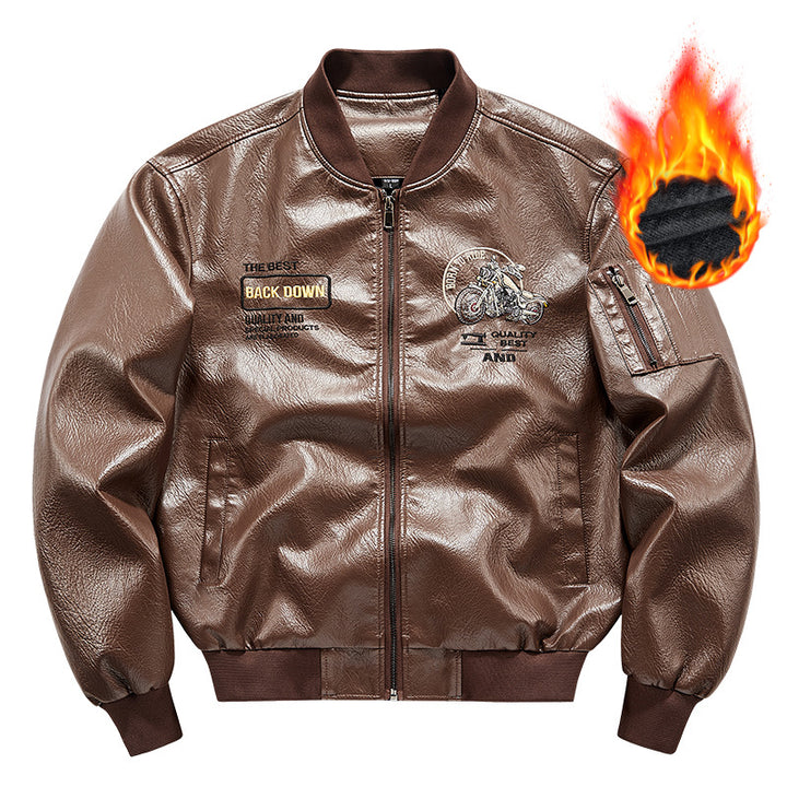 Herren Biker Lederimitat Bomberjacke mit Stickpatches und Ärmeltasche Drune